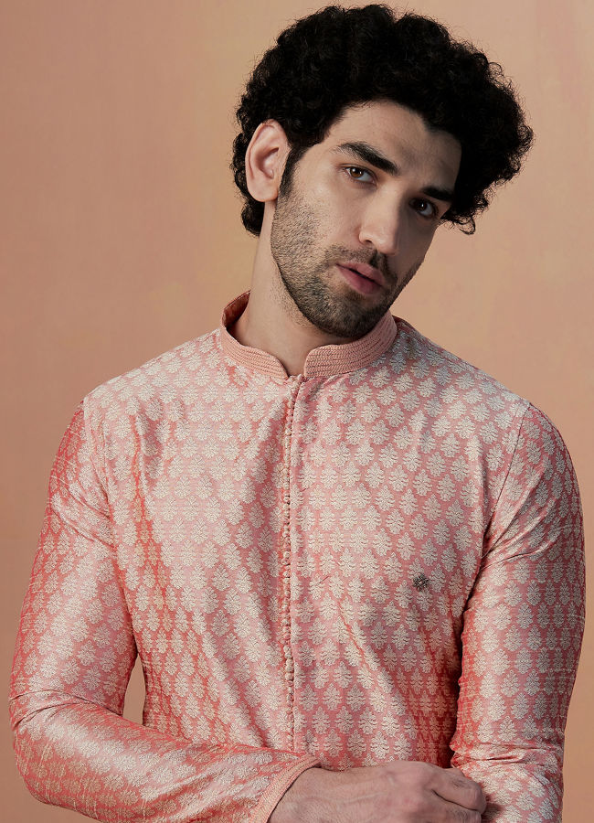 alt message - Manyavar Men Pink Self Design Kurta Pajama image number 0